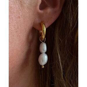Double Pearl Freshwater 18K Gold Plated Pearl Hoop Huggie Drop Dangle Earrings